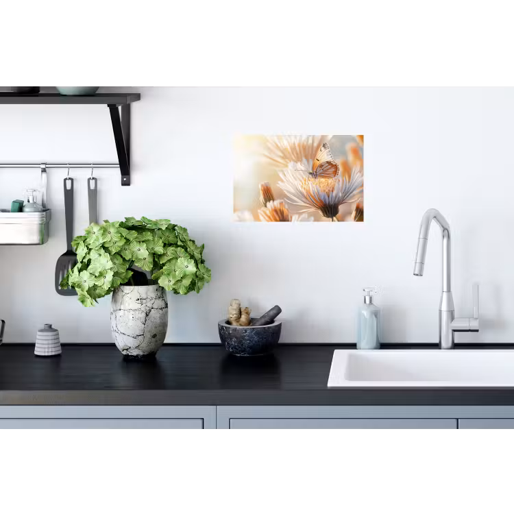Vlinder - Bloem - Oranje Muursticker klein -keuken