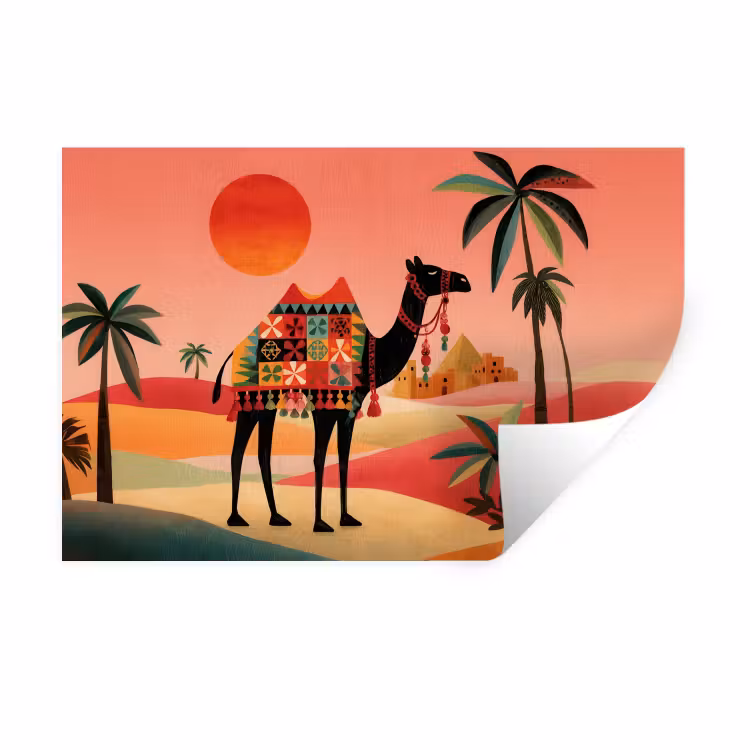 Kameel - Gekleurd tapijt - Duinen - Rode zon Muursticker klein -3d