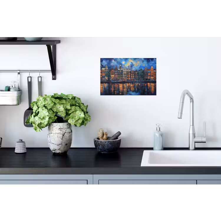 Grachten Amsterdam - Huizen - Stad - Kleurrijk Muursticker klein -keuken