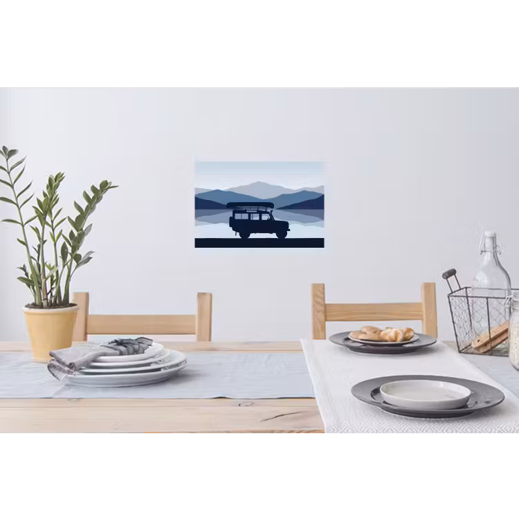 Auto - Meer - Bergen - Blauw Muursticker klein -eettafel