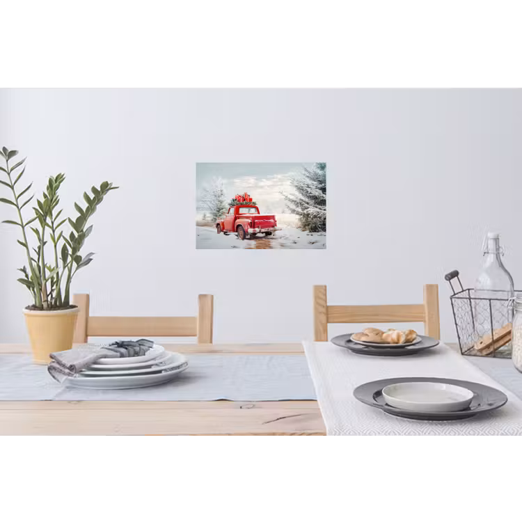 Auto - Rood - Cadeaus - Winter - Sneeuw - Kerst Muursticker klein -eettafel