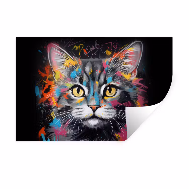 Kat - Graffiti - Dieren - Kleuren - Grijs Muursticker klein -3d