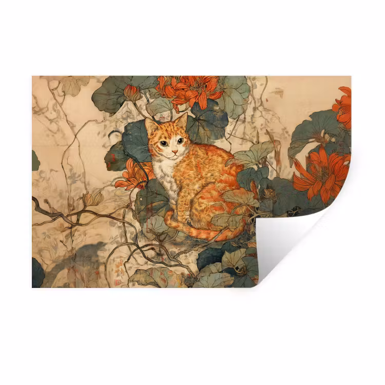 Kat - Sierlijk - Bloemen Muursticker klein -3d