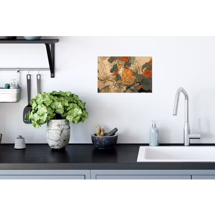 Kat - Sierlijk - Bloemen Muursticker klein -keuken
