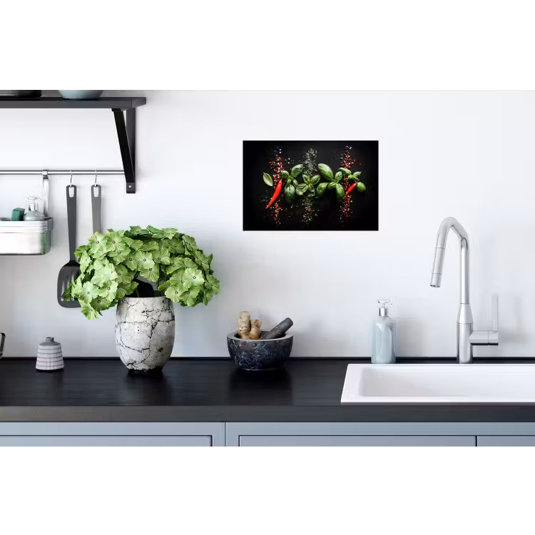 Chilipepers - Basilicum - Blaadjes - Rood Muursticker klein -keuken