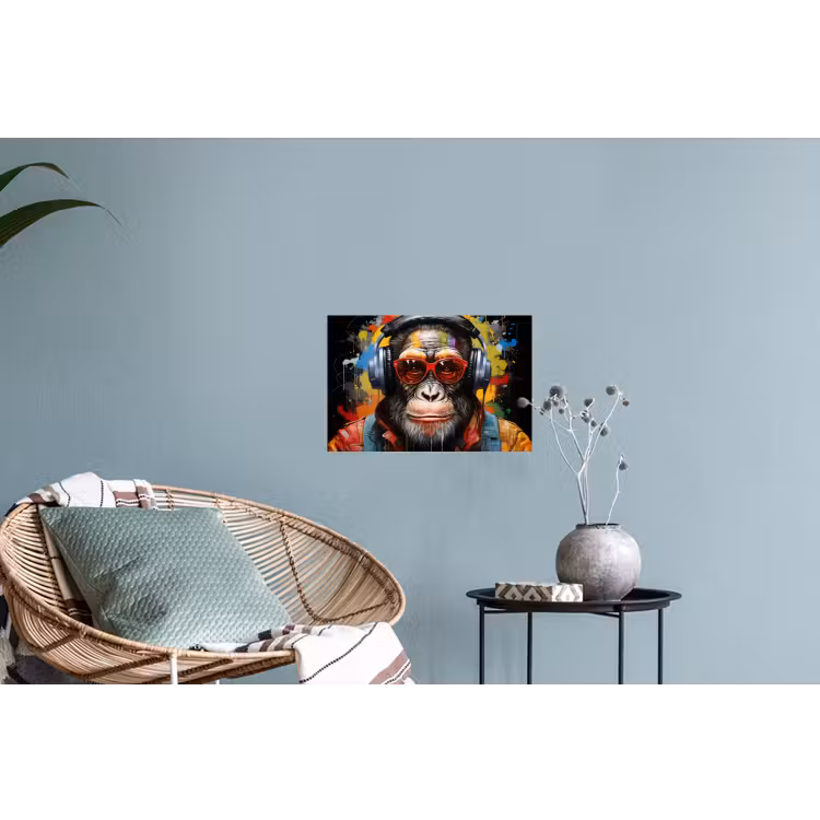 Chimpansee - Aap - dieren - Graffiti - Bril - Koptelefoon - Kleuren Muursticker klein -plant