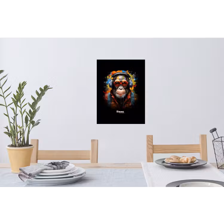 Chimpansee met koptelefoon en graffiti-spray Muursticker klein -eettafel