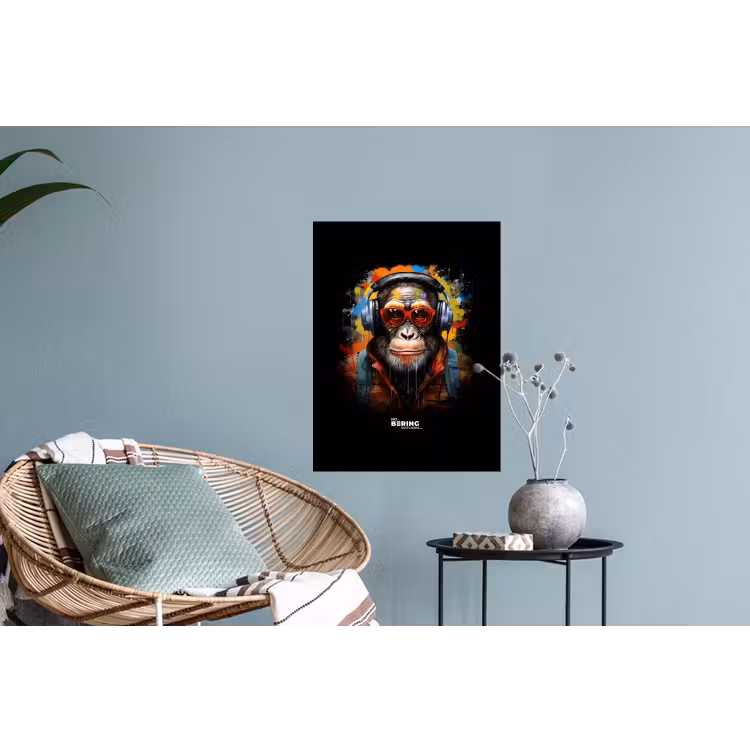 Chimpansee met koptelefoon en graffiti-spray Muursticker klein -plant