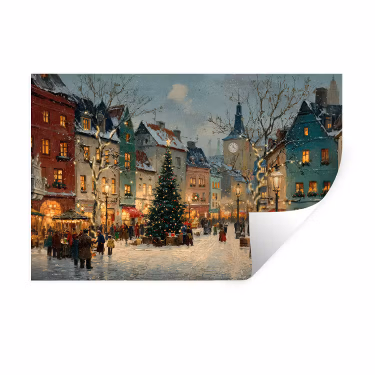 Kerstsfeer - Stadsplein - Kleurrijk Muursticker klein -3d