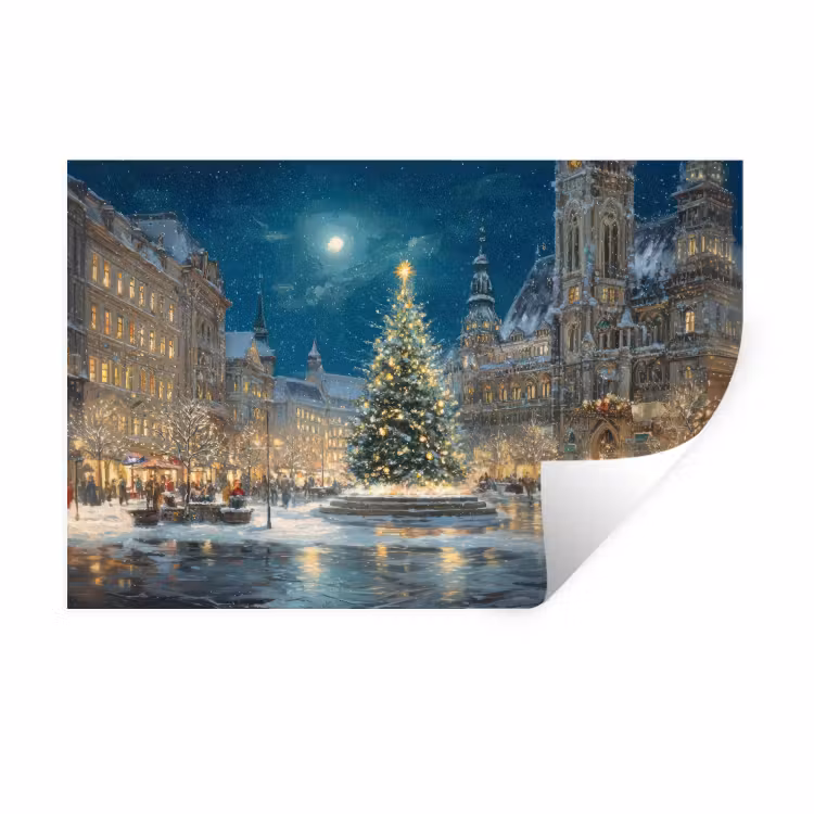 Kerstnacht - Stadsplein - Meerkleurig Muursticker klein -3d