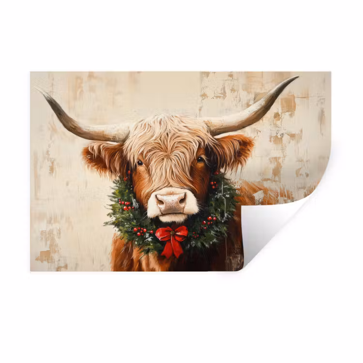 Kerst - Schotse Hooglander - Bruin - Krans Muursticker klein -3d
