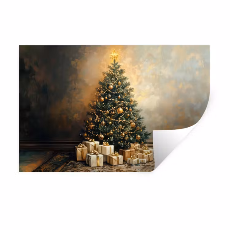 Kerstboom - Cadeaus - Goud Muursticker klein -3d