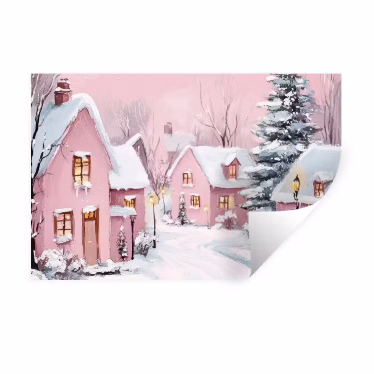 Kerstdorp - Roze - Winter - Sneeuw - Huizen Muursticker klein -3d