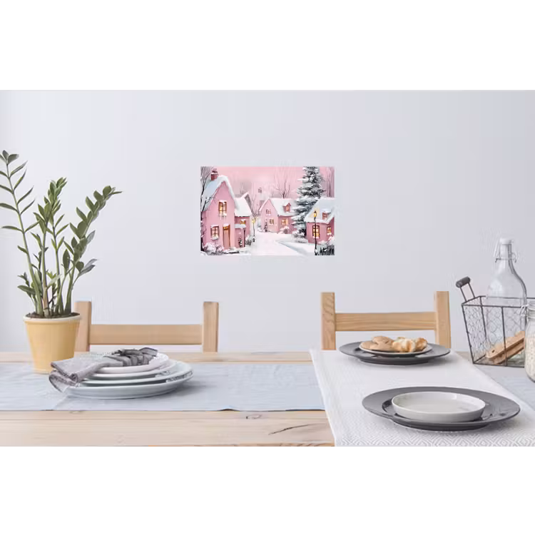 Kerstdorp - Roze - Winter - Sneeuw - Huizen Muursticker klein -eettafel