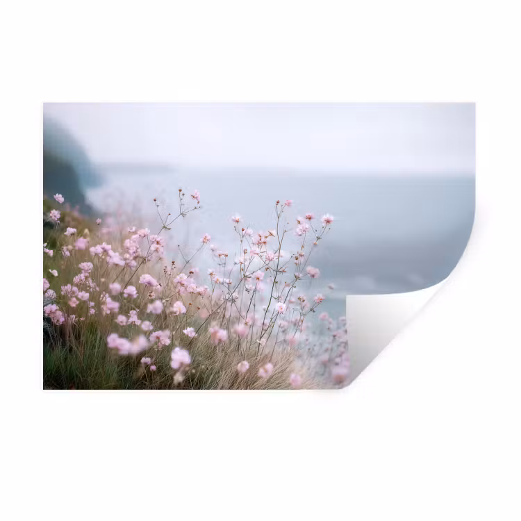 Klif - Bloemen - Zee - Roze Muursticker klein -3d