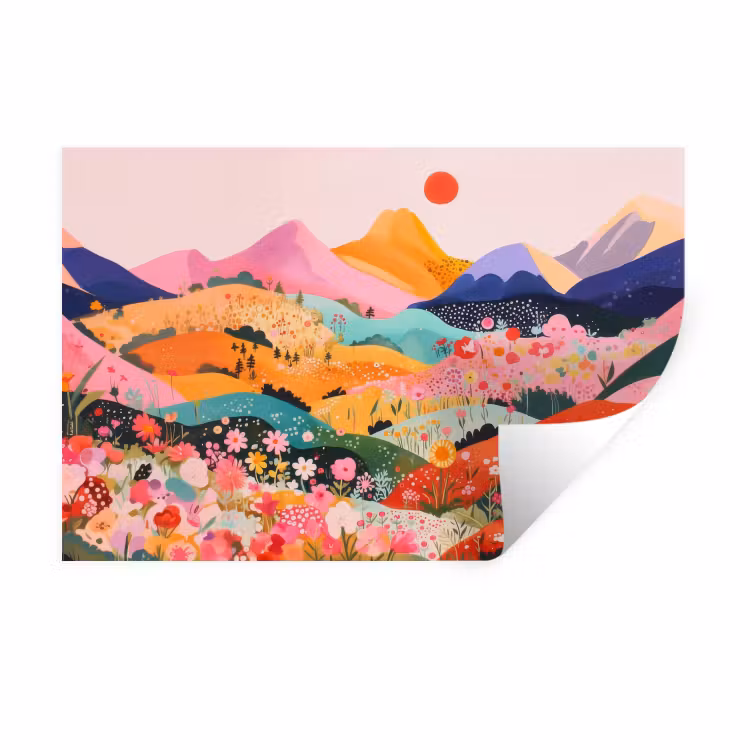 Kleurrijke bloemen - Bergen - Fantasielandschap Muursticker klein -3d