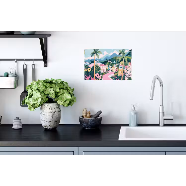 Kleurrijk - Huizen - Heuvels - Roze Muursticker klein -keuken