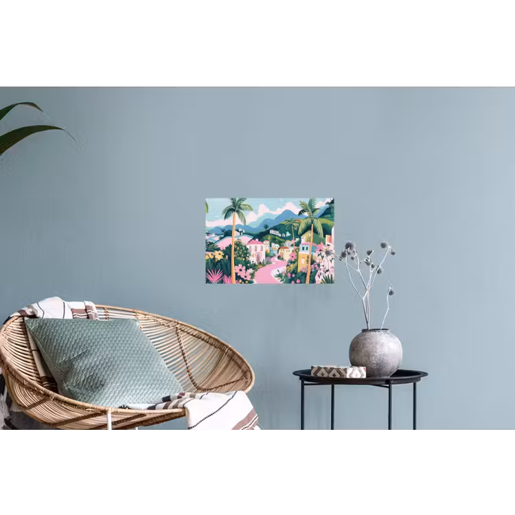 Kleurrijk - Huizen - Heuvels - Roze Muursticker klein -plant