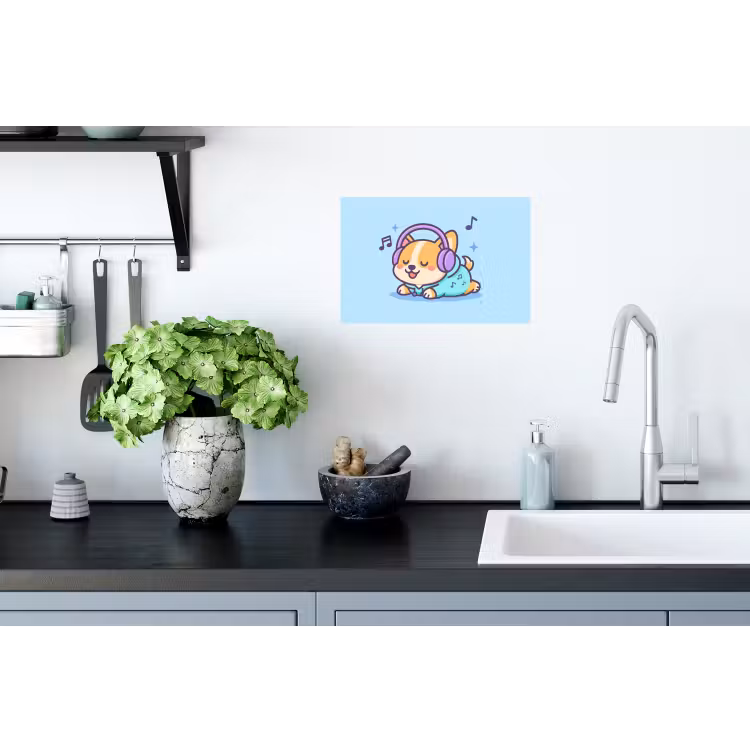 Corgi - Koptelefoon - Blauw - Muzieknoten Muursticker klein -keuken