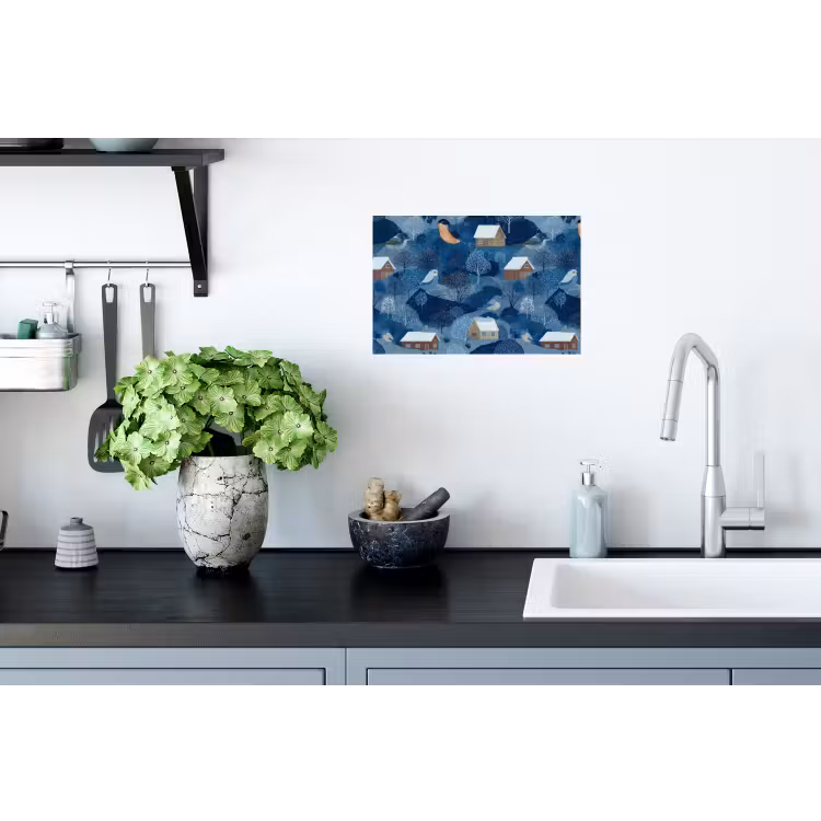 Huisjes - Vogels - Sneeuw - Winter - Blauw Muursticker klein 286 -keuken