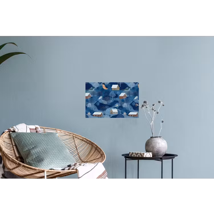 Huisjes - Vogels - Sneeuw - Winter - Blauw Muursticker klein 286 -plant