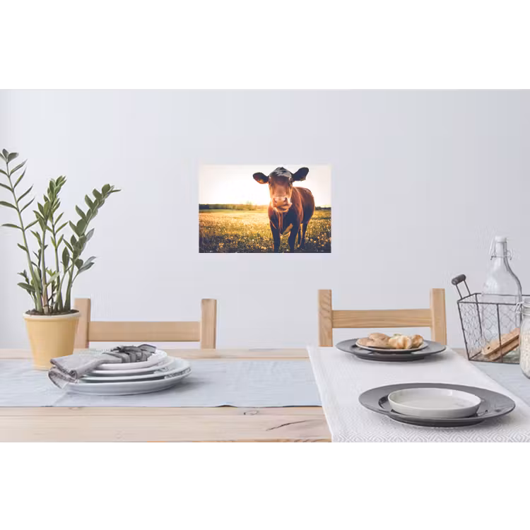 Koe - Zonsondergang - Bloemen - Gras - Dieren Muursticker klein -eettafel