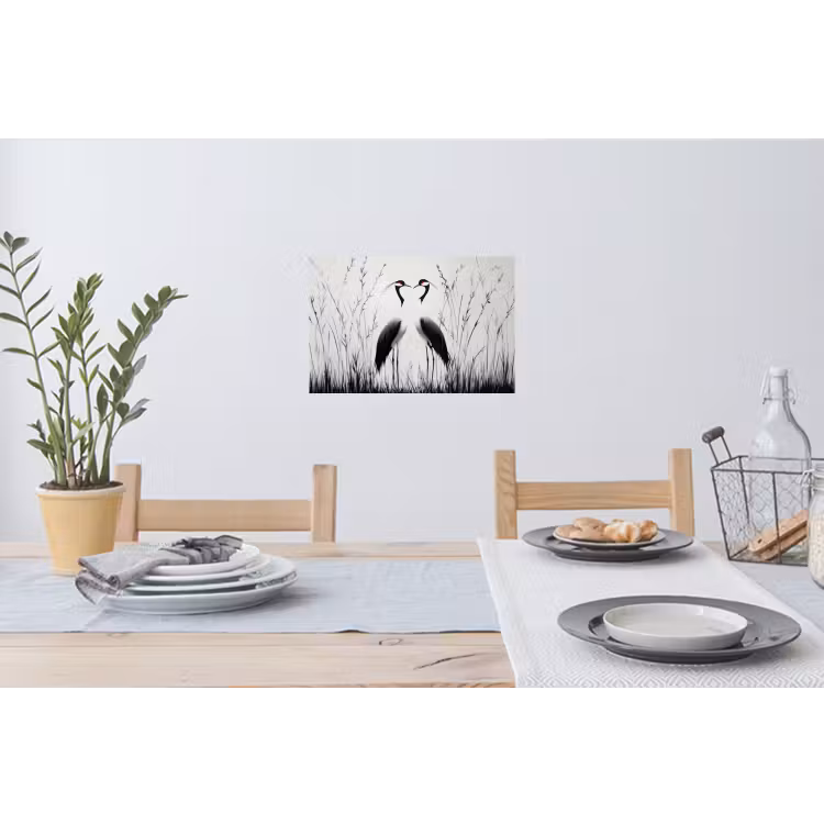 Kraanvogels - Gras - Hartvorm - Zwart Muursticker klein -eettafel