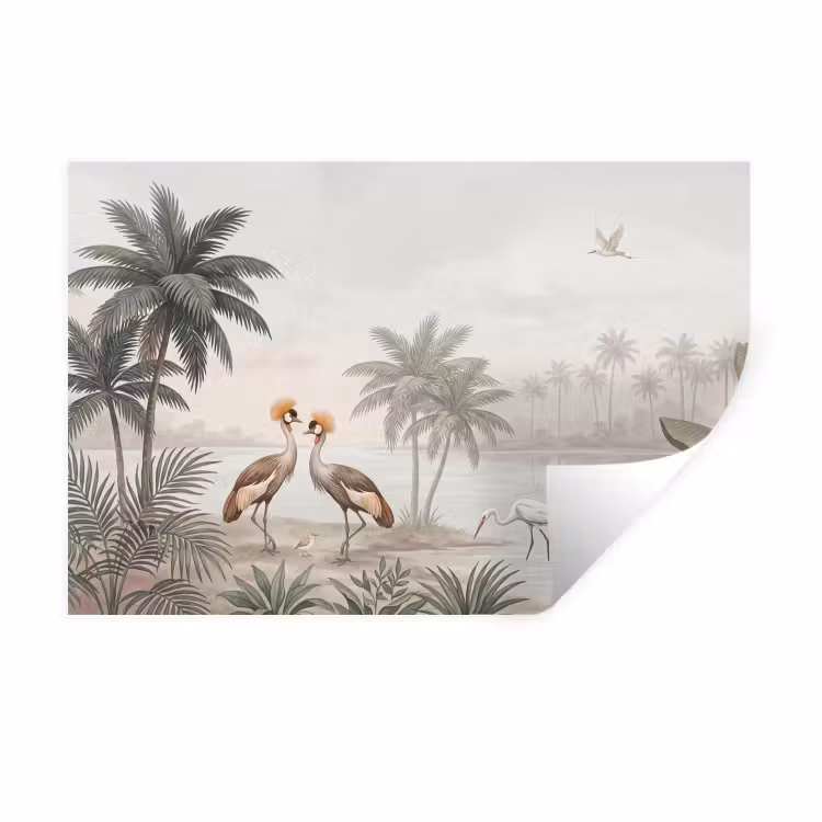 Kraanvogels - Palmbomen - Tropisch Muursticker klein -3d