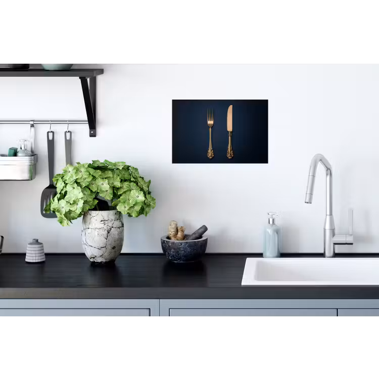 Bestek - Donkerblauw - Goud Muursticker klein -keuken