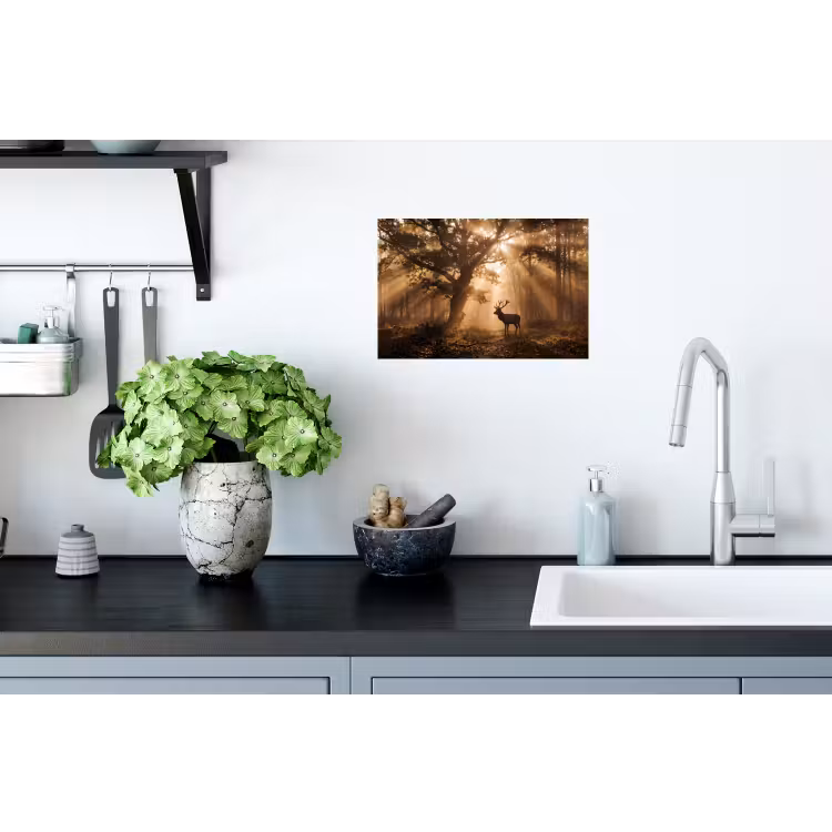 Hert - Bos - Mistig - Natuur - Goud Muursticker klein -keuken