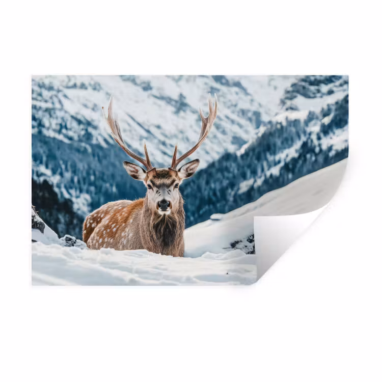 Hert - Landschap - Winter - Natuur - Dieren - Bergen Muursticker klein -3d