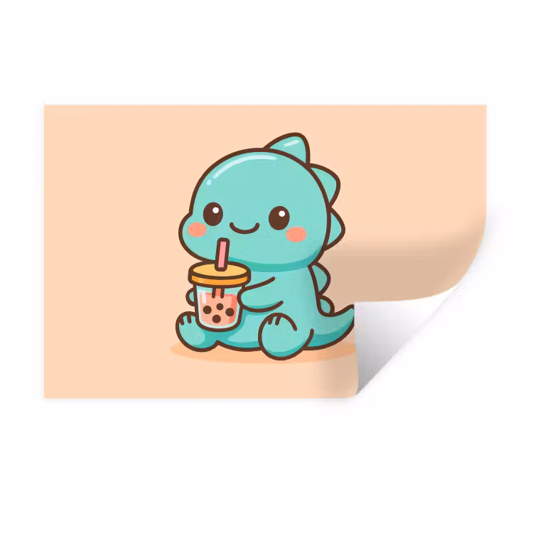 Dino - Boba - kawaii - Oranje Muursticker klein -3d