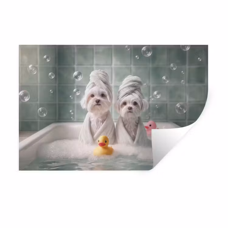 Hondjes - Badkuip - Badeendjes - Handdoeken Muursticker klein -3d