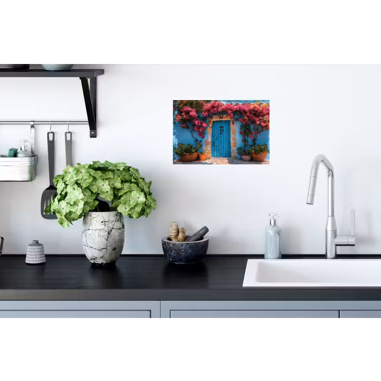 Deur - Hout - Bloemen - Blauw Muursticker klein -keuken
