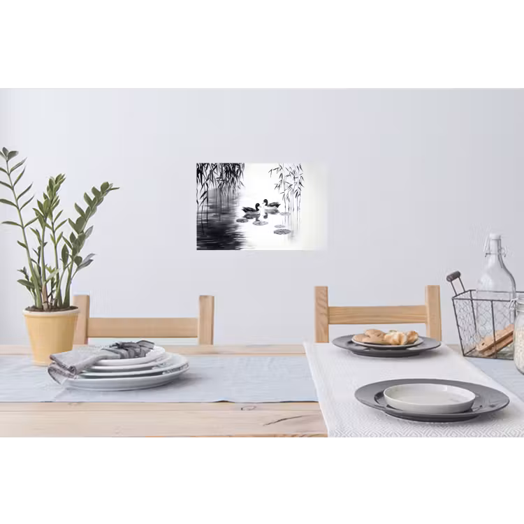Eenden - Waterlelies - Riet - Zwart Muursticker klein -eettafel