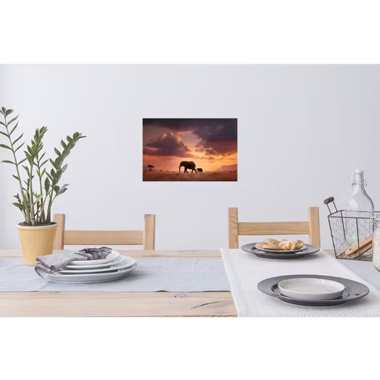 Olifanten - Grasland - Zonsondergang Muursticker klein -eettafel