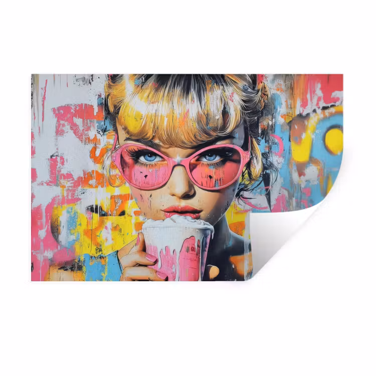 Expressief - Milkshake - Vrouw - Felle kleuren Muursticker klein -3d