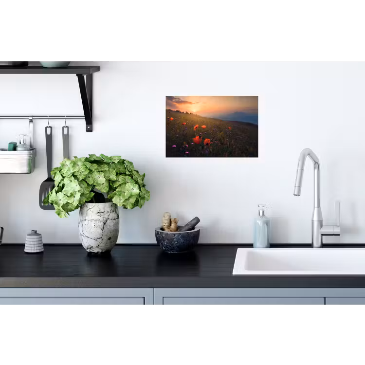 Bloemenveld - Gras - Bloemen - Planten - Zonsondergang - Oranje Muursticker klein -keuken