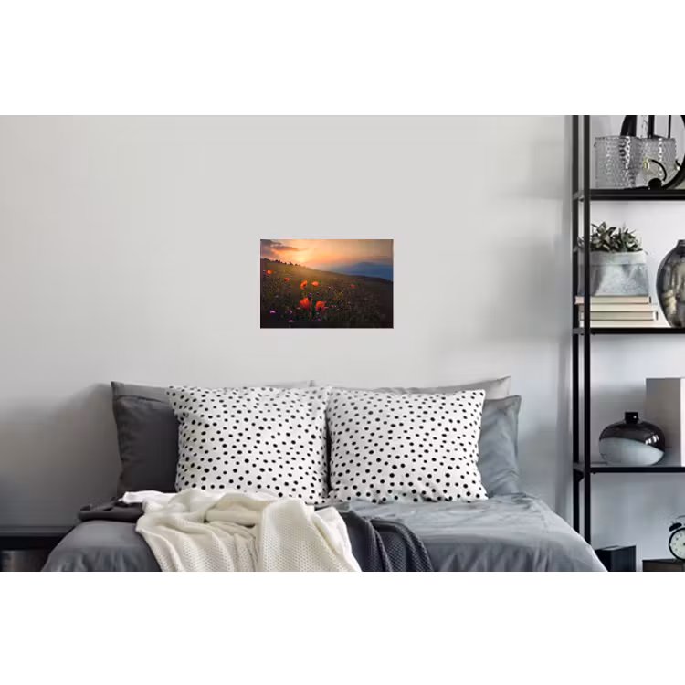 Bloemenveld - Gras - Bloemen - Planten - Zonsondergang - Oranje Muursticker klein -slaapkamer