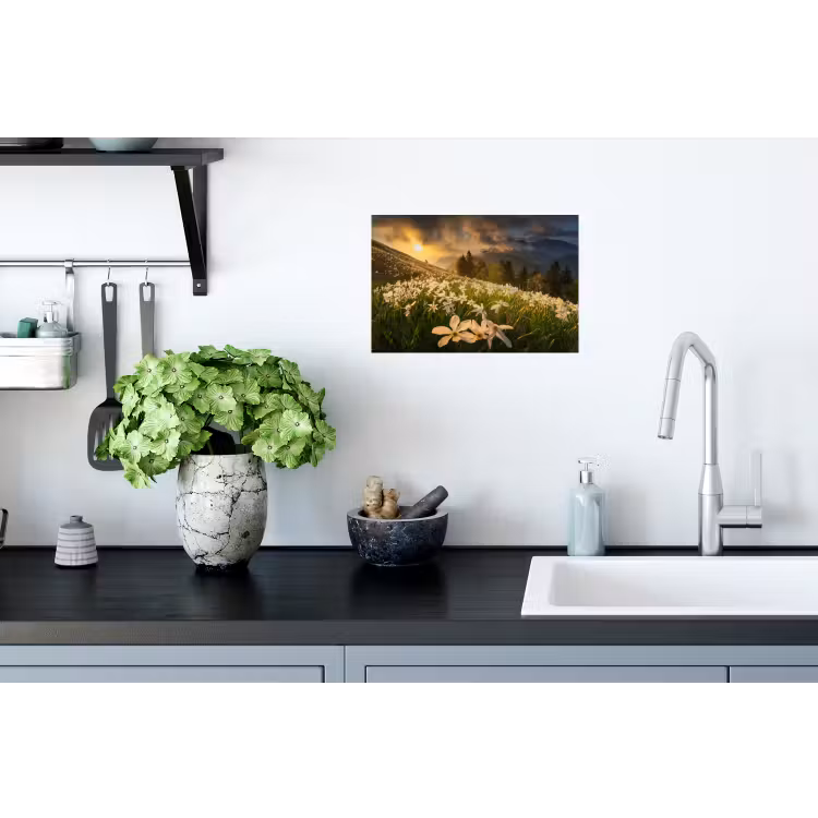 Bloemenveld - Heuvels - Zonsondergang - Berg - Natuur - Wit Muursticker klein -keuken