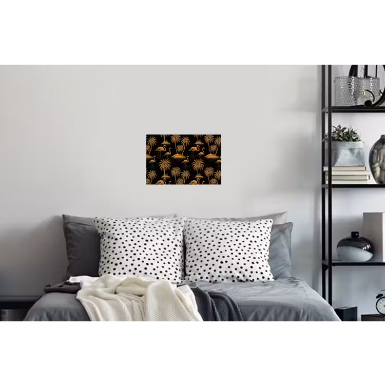 Flamingo - Palmbomen - Tropisch - Goud - Zwart Muursticker klein 286 -slaapkamer