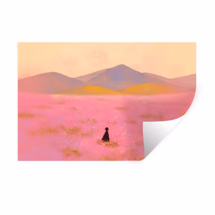 Bloemenweide - Heuvels - Silhouet - Roze Muursticker klein -3d