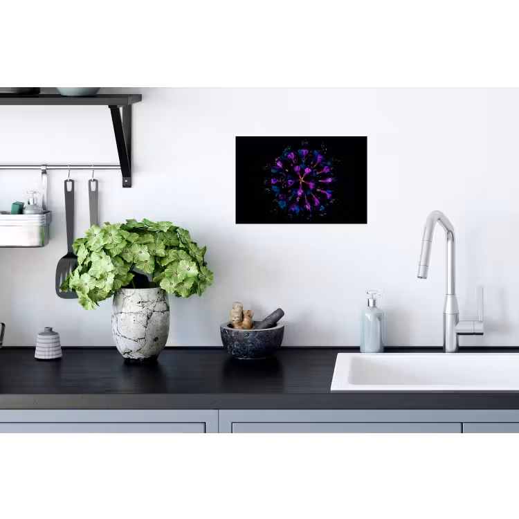 Bloem - Paars - Blauw - Macro - Zwart Muursticker klein -keuken