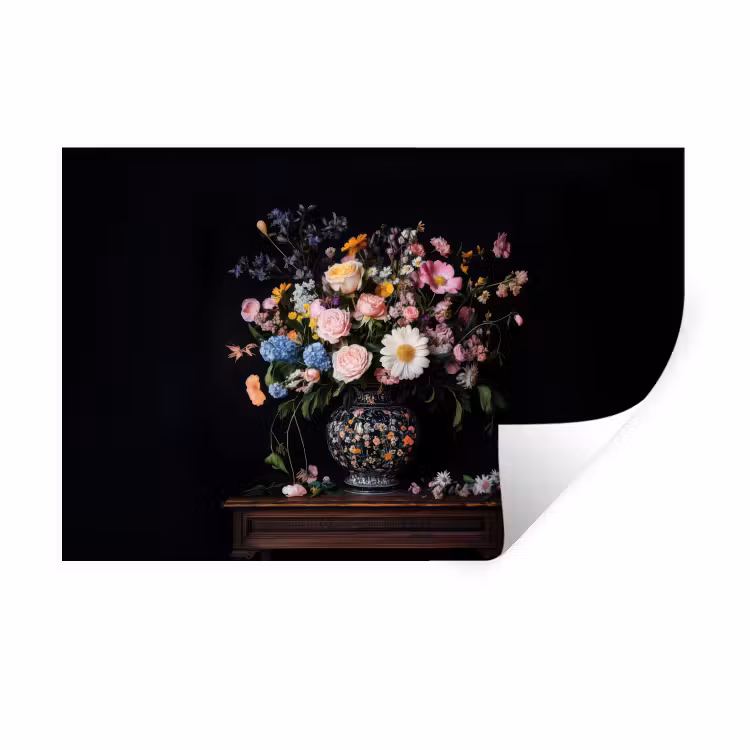 Bloemenvaas - Hout - Bloemen - Boeket Muursticker klein -3d