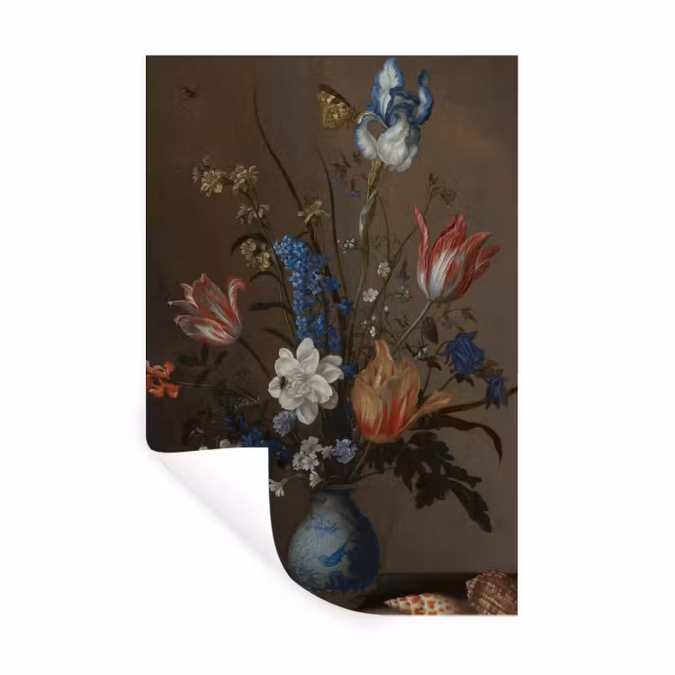 Bloemen in een Wan-Li vaas en schelpen - Schilderij van Balthasar van der Ast Muursticker klein -3d