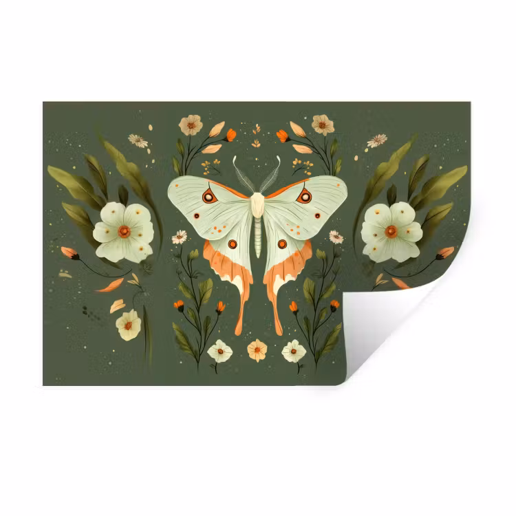 Bloemen - Bladeren - Olijfgroen - Vlinder Muursticker klein -3d