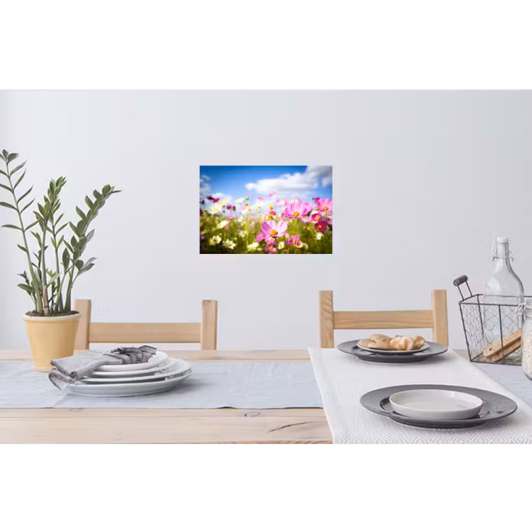 Bloemen - Wei - Paars - Gras - Wit - Wolken - Blauw Muursticker klein -eettafel