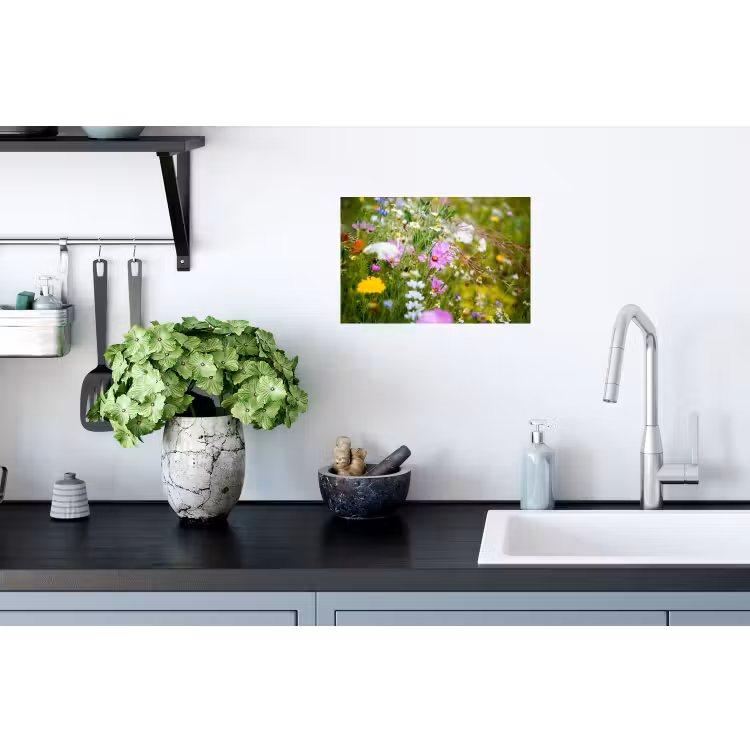 Bloemen - Natuur - Groen - Gras - Paars - Wit Muursticker klein -keuken