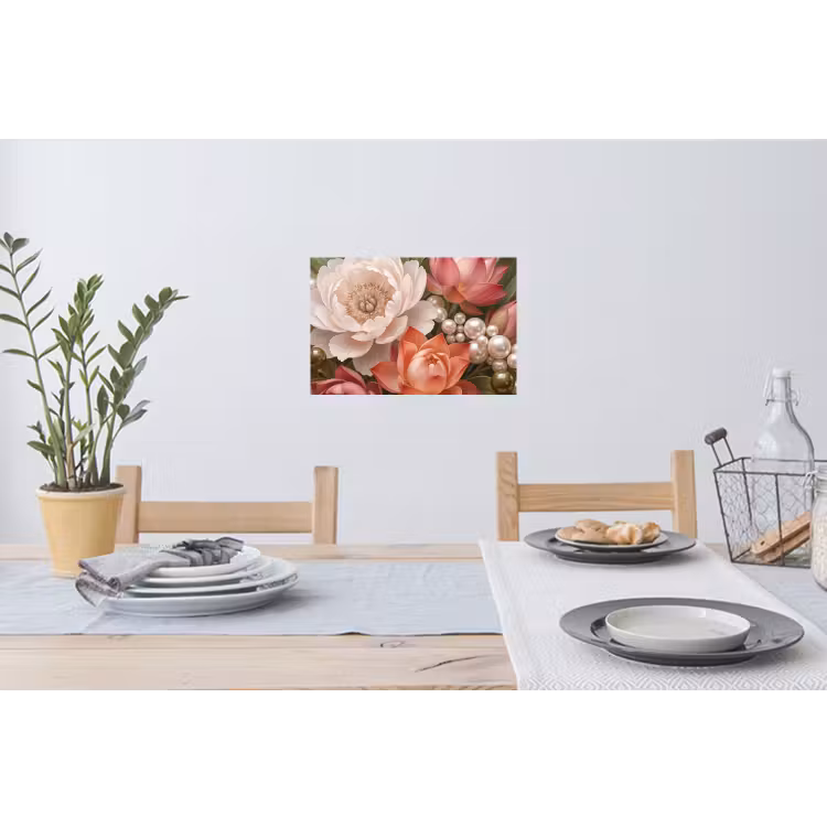 Bloemen - Parels - Elegant - Roze - Wit Muursticker klein -eettafel