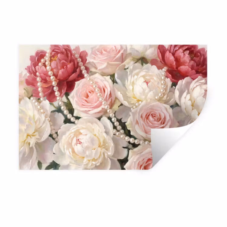 Bloemen - Parels - Romantiek - Klassiek - Roze Muursticker klein -3d